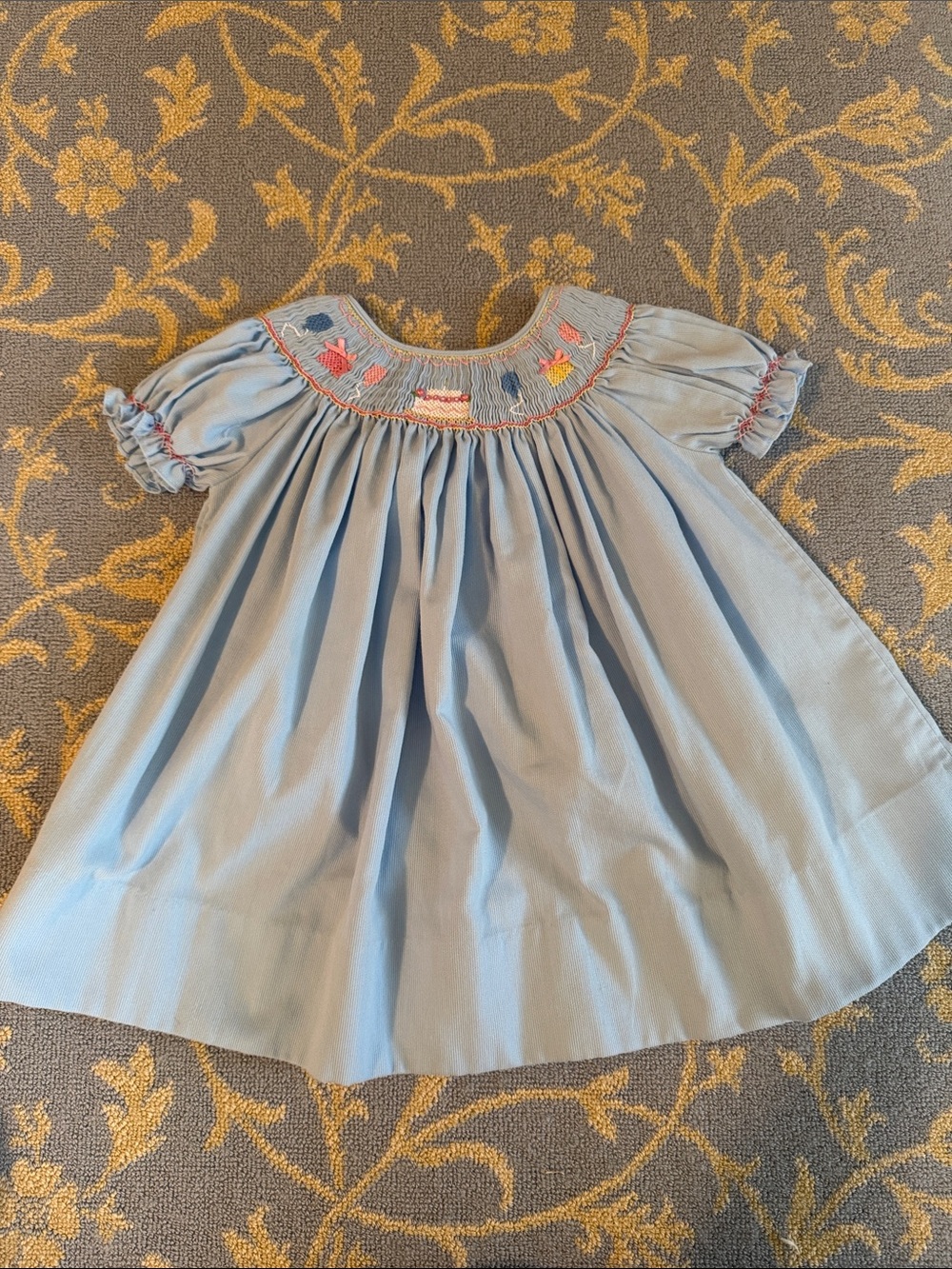 Light Blue Smocked Girls' Formal Dress with Colorful Yoke Embroidery